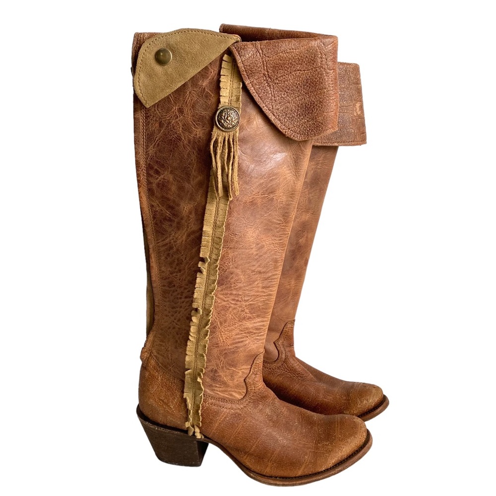 Corral Tall Boots Indie Bohemian Boho Chic Western Fringe Brown Leather 7.5